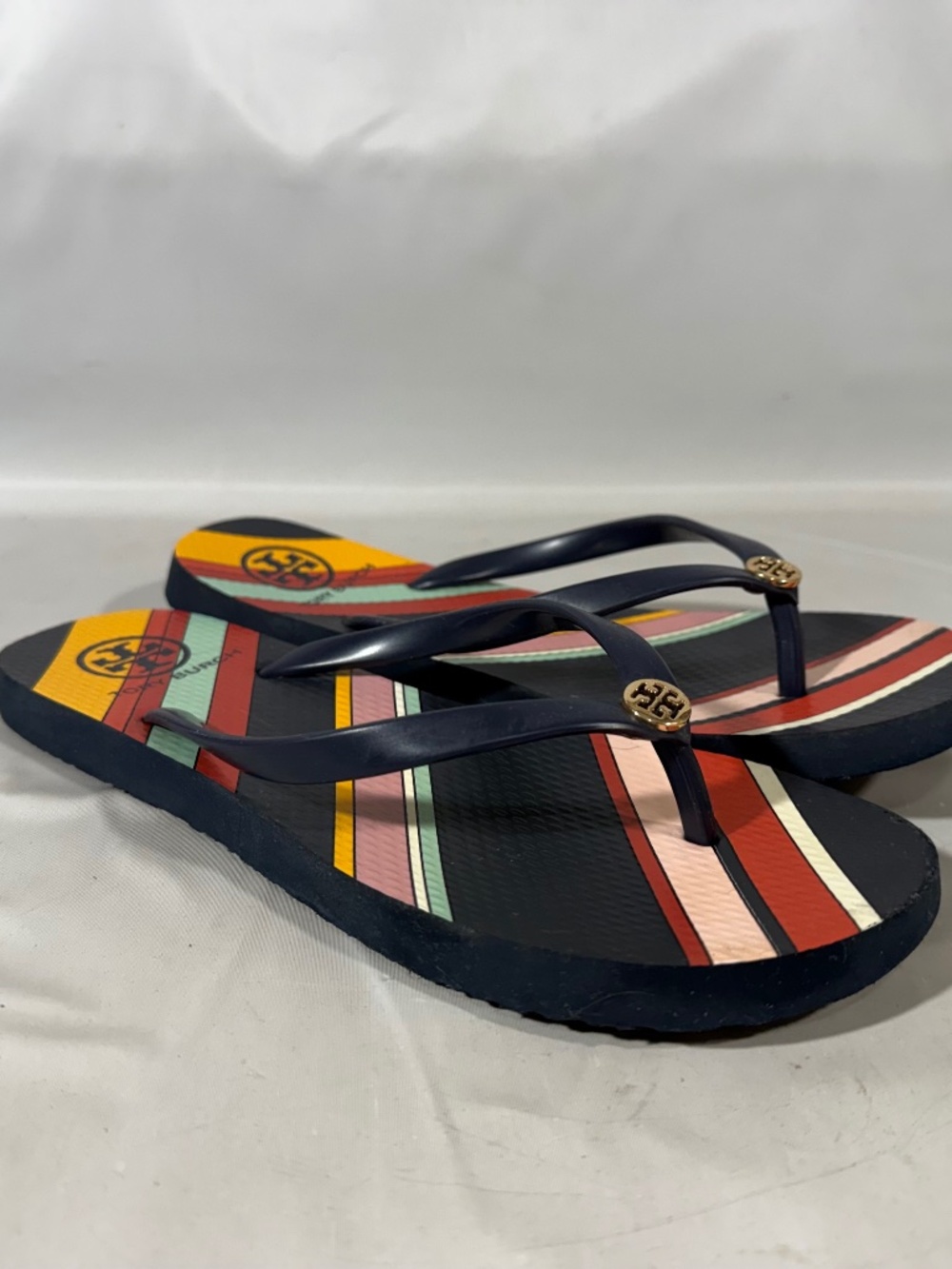 Tory Burch Thin Medley Stripe Navy Thong Flip Flops Sandals Women’s Size 8